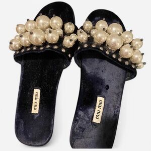 Miu Miu Navy Blue and Cream Pearl Embellished Sandals